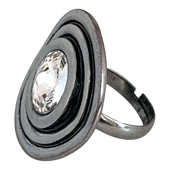 DESIGNER STATEMENT RING Size 5 Silver Clear Rivoli Crystal Enamel Adjustable 5Z - Picture 3 of 7